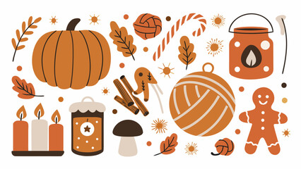 Autumn themed vector illustration featuring pumpkins foliage and seasonal objects in warm orange tones fall pumpkin squash © Sribas