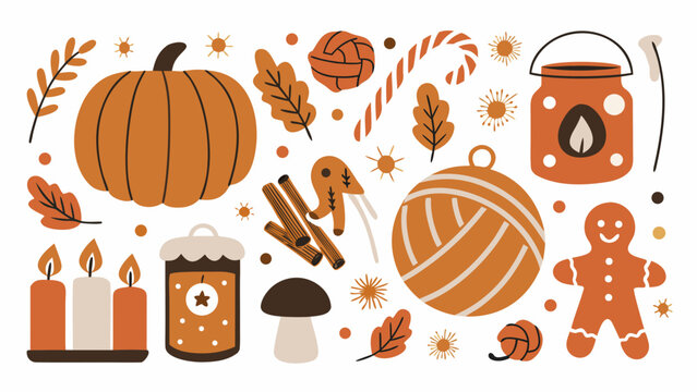 Autumn themed vector illustration featuring pumpkins foliage and seasonal objects in warm orange tones fall pumpkin squash