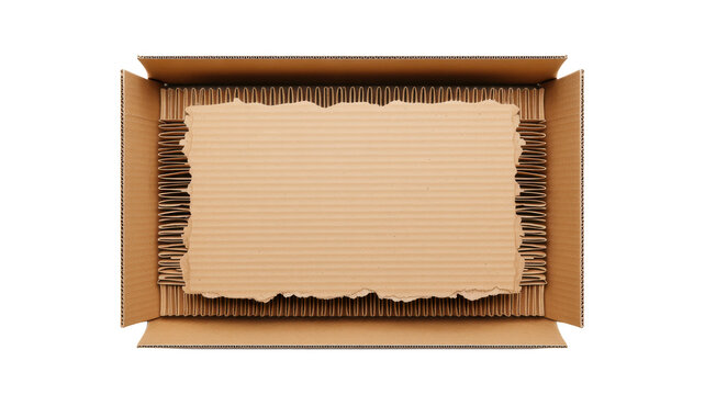View of an open cardboard shipping box containing layers of corrugated paper packaging with a torn piece of brown cardboard inside