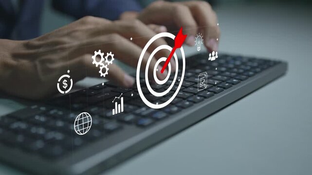 Target audience concept. Person typing keyboard with customer segmentation and marketing icons, audience targeting, consumer insights and digital marketing strategy.