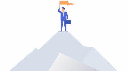 A businessman with a briefcase stands atop a mountain peak raising a flag in a vector illustration © Sribas