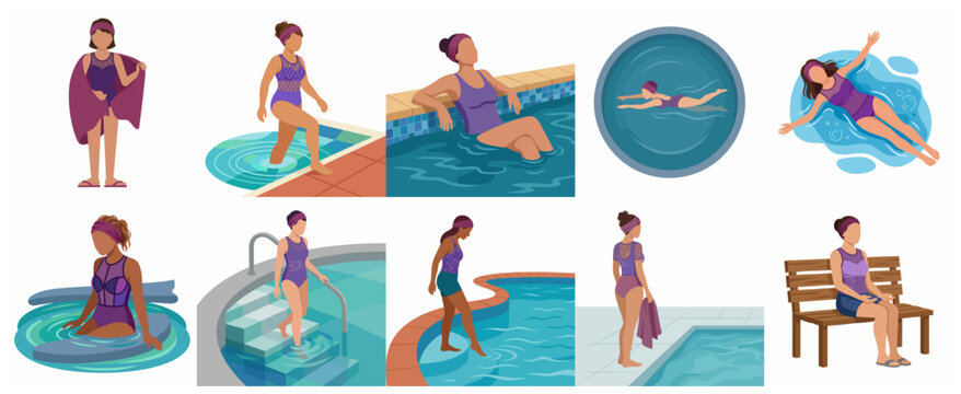 Woman in purple swimsuit swimming lounging and relaxing at the pool flat vector illustration set