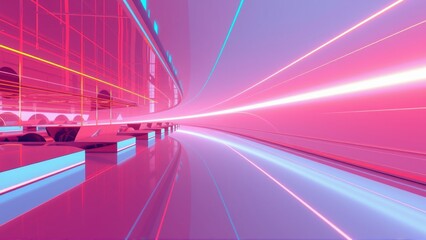 Fototapeta premium Futuristic cityscape. Bright pink, blue lights create dynamic perspective. Minimalist design, sleek architecture, abstract forms dominate scene.