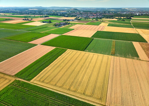 Aerial view of geometric grain and corn fields forming a colorful agricultural landscape with fertile farmland and rural patterns in summer. Langes Feld, Baden-W&uuml;rttemberg, Germany