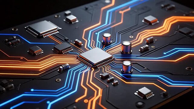 Circuit board with glowing pathways