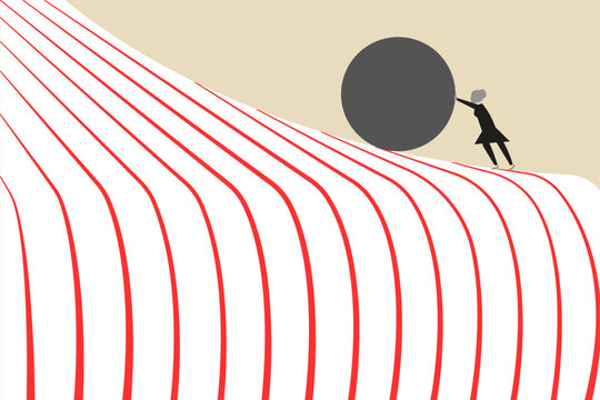 Business woman pushing a white ball up a steep hill, concept of struggle, hard work, perseverance, and challenge