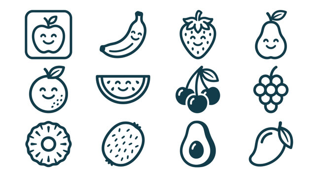Collection of twelve minimalist black outline fruit icons featuring apple, banana, strawberry, pear, orange, watermelon, cherry, grapes, pineapple, kiwi, avocado, and mango with cute faces.