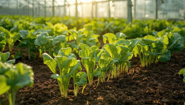 Young green vegetables thriving in soil under sunlight in a greenhouse, including mini cos and various lettuces, embodying an organic farming idea.