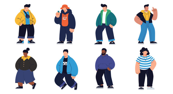 Collection of diverse men standing in various casual and urban outfits including hoodies jackets and hats for fashion and lifestyle themes.