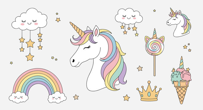 Collection of cute unicorn themed illustrations including rainbows clouds stars lollipop and a crown for kids birthday and fantasy design themes.