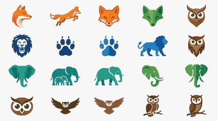 Minimalist Colorful Icons Set of Foxes Lions Elephants Owls and Animal Paw Prints in Flat Design Style © Box