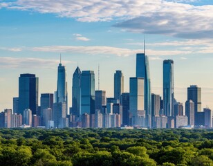 Fototapeta premium Skyline of Philadelphia, Pennsylvania featuring modern skyscrapers and lush green trees in the foreground under a clear blue sky with scattered clouds