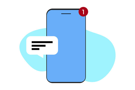 illustration of a blue cellphone with a notification of one new message on a white background