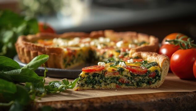 Homemade vegetarian pie, tomato and spinach quiche with feta, Turkish spinach quiche (ispanakli kis)