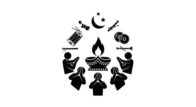 Black and white illustration of people praying around a burning diya lamp.