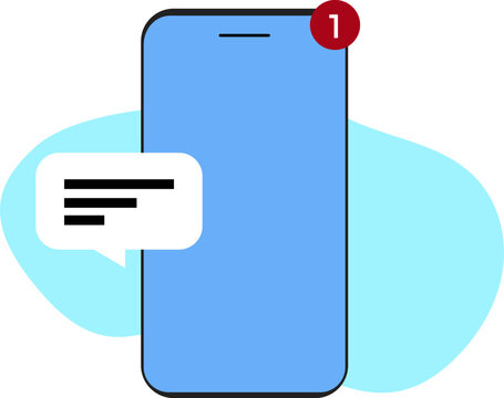 illustration of a blue cellphone with a notification of one new message on a white background. Modern new message notification concept featuring chat, messaging, communication, and mobile app alerts. 