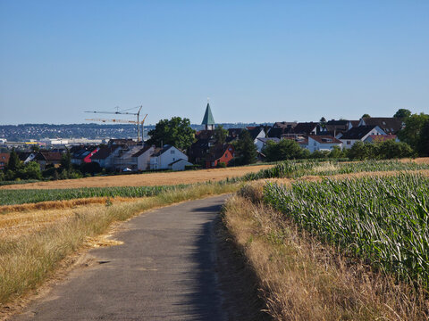 germany, picturesque country road toward ostfildern kemnat skyline crossing peaceful rural summer landscape beneath dazzling blue sky