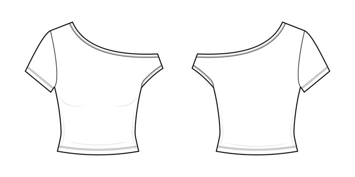 Women's Cropped One Shoulder Asymmetric Slim Fit Top Technical Fashion Flat Sketch CAD Vector Template. Front and Back View Blank T-Shirt Mockup Design.