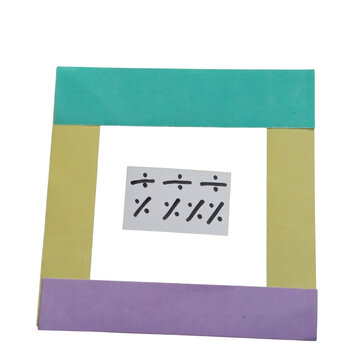 Colorful square badge with letters inside on purple background