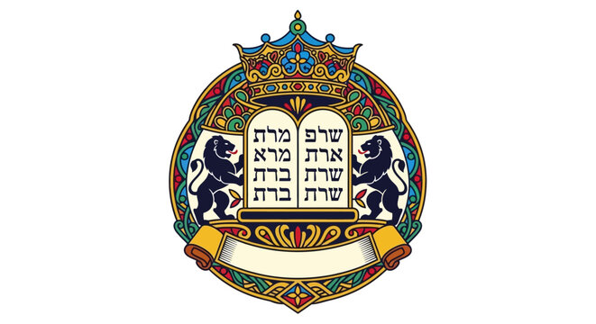 Decorative Jewish emblem with tablets of the law and lions.