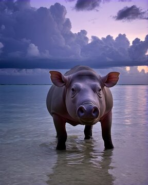 A lavender babirusa  pig hybrid fictional species, digitally created animal, in open shallows