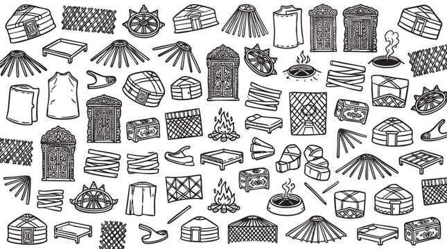 Large collection of traditional yurt elements and Kazakh nomadic culture objects in black and white line art.