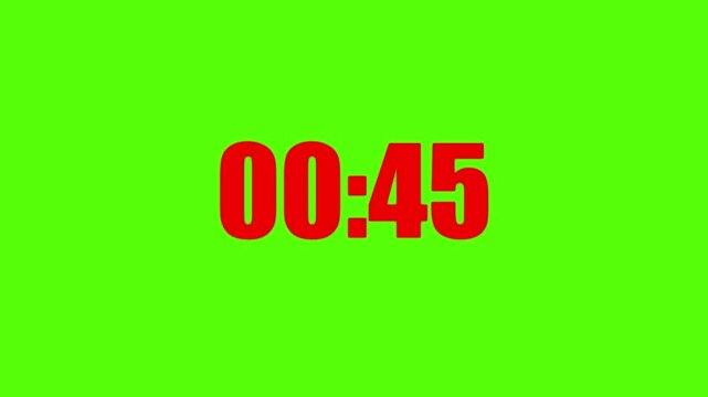 Bright red digital clock numbers displaying forty seven seconds on a vibrant green screen background for chroma key editing purposes
