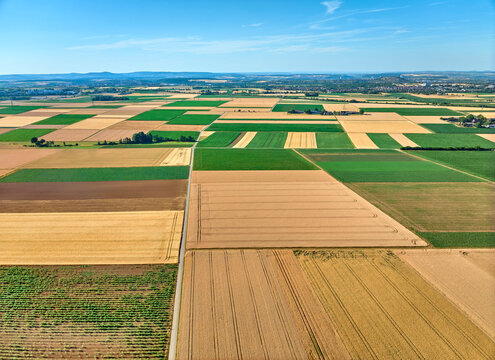 Aerial view of geometric grain and corn fields forming a colorful agricultural landscape with fertile farmland and rural patterns in summer. Langes Feld, Baden-W&uuml;rttemberg, Germany
