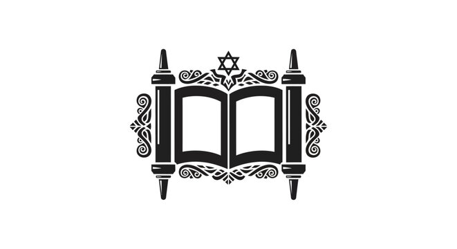 Black and white vector illustration of a Torah scroll icon with a Star of David.