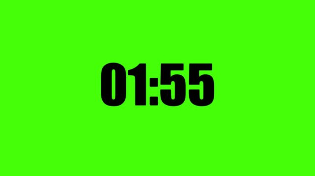 Digital timer display showing one minute and fifty seven seconds in black bold sans serif font centered on a vibrant solid chroma key green background
