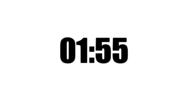 Bold black digital clock numbers displaying one minute and fifty seven seconds isolated on a clean white background for