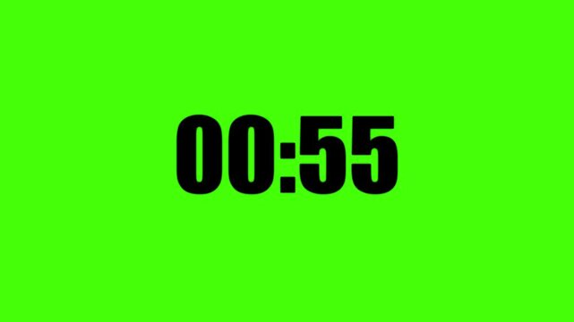 Digital timer display showing fifty seven seconds in black bold sans serif font centered on a vibrant solid chroma key green background screen