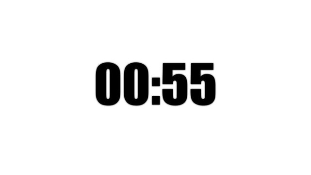 Digital timer display showing fifty seven seconds in black bold sans serif font centered on a clean solid white background for easy editing