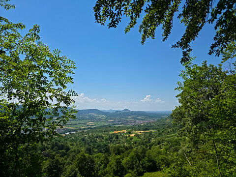 germany, breathtaking panoramic view above the rolling green swabian alb hills from jusenberg on a sunny summer day