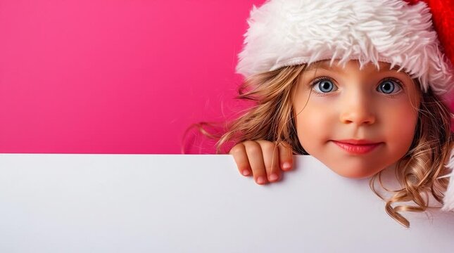 A cheerful child wearing a Santa hat peeking over a white surface, with a blank background and plenty of space for writing festive messages.