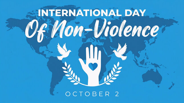 Vector illustration banner for International Day of Non-Violence on October 2nd. Features a white hand with a heart symbol in the palm, flanked by flying doves and a laurel wreath, set against a blue 