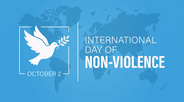 Vector illustration banner for International Day of Non-Violence on October 2nd. Features a white dove holding an olive branch inside a geometric frame, set against a blue world map background
