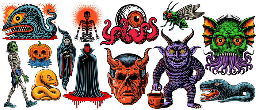 A diverse collection of colorful and grotesque horror characters including monsters skeletons demons and various strange creatures designed in a vibrant stylized aesthetic for spooky themes