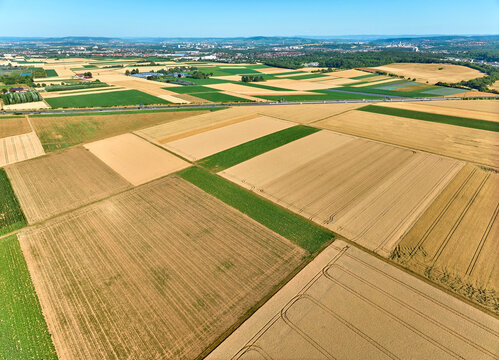 Aerial view of geometric grain and corn fields forming a colorful agricultural landscape with fertile farmland and rural patterns in summer. Langes Feld, Baden-W&uuml;rttemberg, Germany