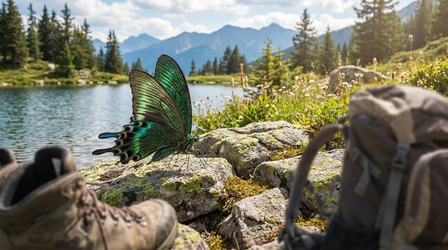 Green butterfly resting on sunlit rocks beside alpine lake, hiking boots and backpack in foreground, serene mountain landscape suggesting outdoor adventure and nature travel
