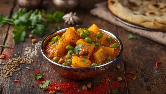 Aloo mutter is a creamy tomato sauce dish with potatoes and peas, originating from Punjab in India.