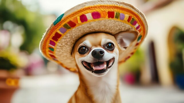 Cute chihuahua dog wears sombrero, dances on city street. Happy dog with big smile, playful attitude. Urban photo captures joyful pet on day out. Possible vacation festival setting. Image suitable