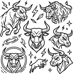 Naklejka premium Angry Bull Vector Illustration Set with Charging Horned Mascot Icons, Flash Lightning Elements, and Aggressive Tattoo Style Line Art Designs