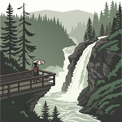 A person with an umbrella stands on a wooden observation deck overlooking a large waterfall and a river flowing through a dense pine forest © md razab 1122