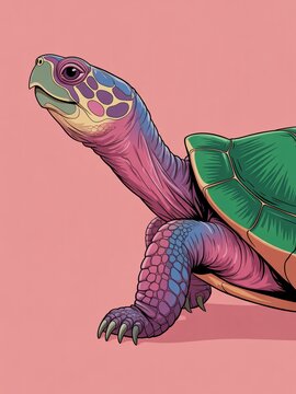 Colorful artistic illustration of a turtle on a solid pink background with illustration artistic colorful wildlife creature creative decorative.
