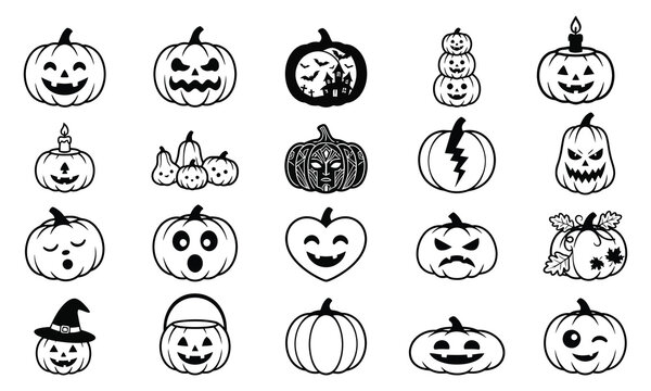 Set of halloween pumpkin icons, carved jackolanterns