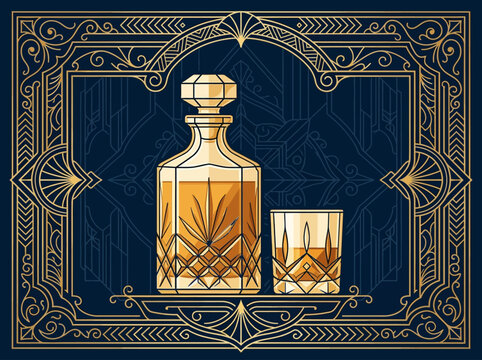 Art Deco Whiskey Decanter and Glass in Ornate Gold Frame Vector