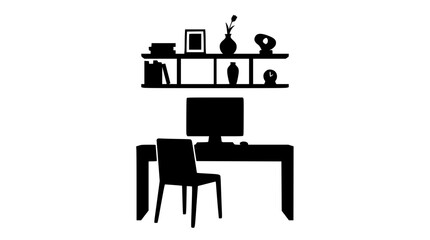 Fototapeta premium Minimalist silhouette of a home office workspace with computer and wall shelves