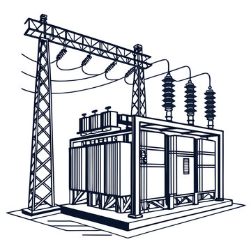 A black and white line of an electrical transformer substation with metal pylons and power lines on a white background