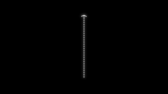 White dashed vertical line with an arrow at the pointing upwards on a black background representing a simple navigation or direction indicator